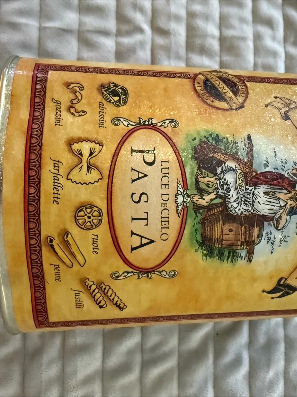Bristolware Italian Pasta Tin Canister Vintage Style Kitchen Storage Decor Gold